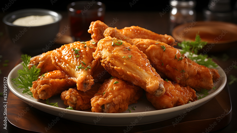 crispy chicken pieces splashed with flour flakes Generative AI crispy chicken pieces splashed with flour flakes Generative AI