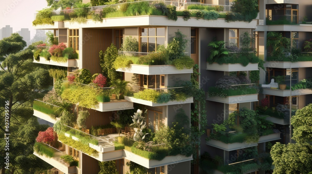 A building that brings green spaces into the urban environment. AI generated