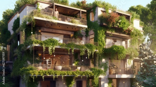 A tranquil residential building with a flat roof and greenery. AI generated © PandaStockArt