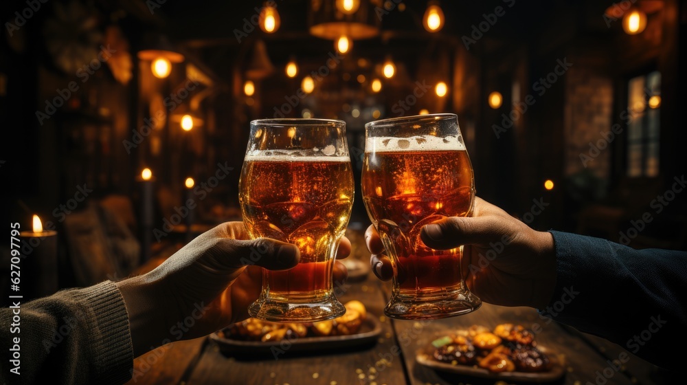 Glasses of beer, a group of friends celebrating together, clinking glasses