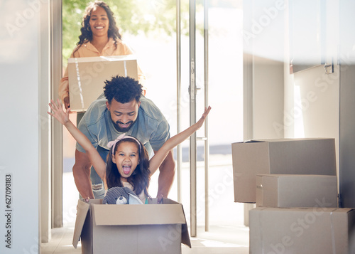 Canvas Print Happy family, boxes and child playing in new home with smile, excitement and mortgage on property investment