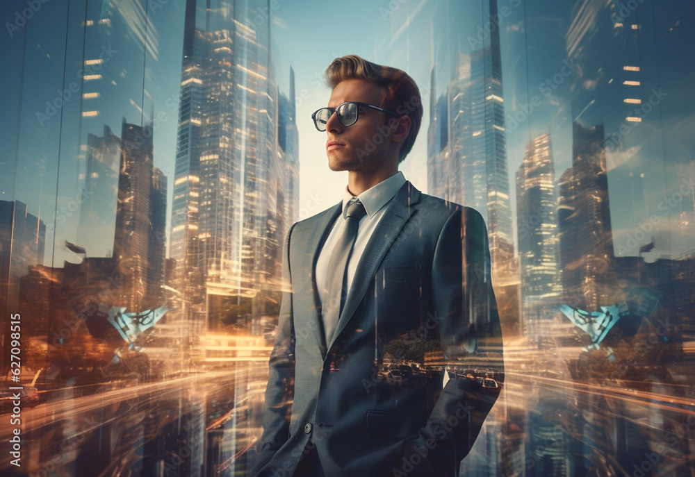 Fototapeta premium A Double Exposure of a Businessman in the Cityscape Embodies Success and Future Plans