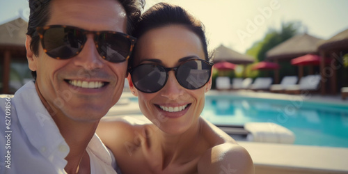 Selfie of attractive and happy couple on vacation by resort pool