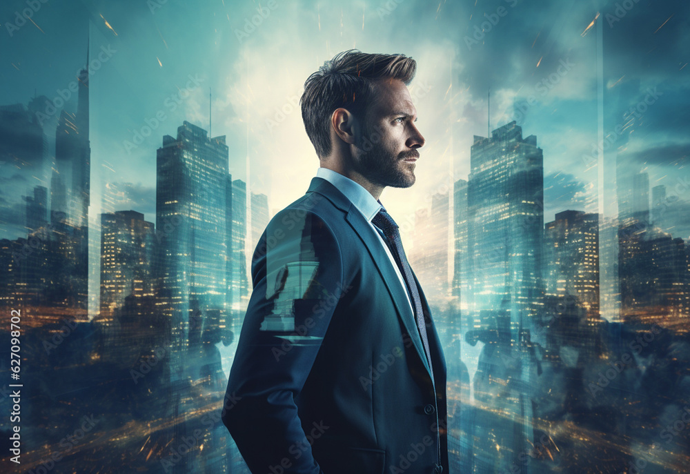 A Double Exposure of a Businessman in the Cityscape Embodies Success and Future Plans A Double Exposure of a Businessman in the Cityscape Embodies Success and Future Plans