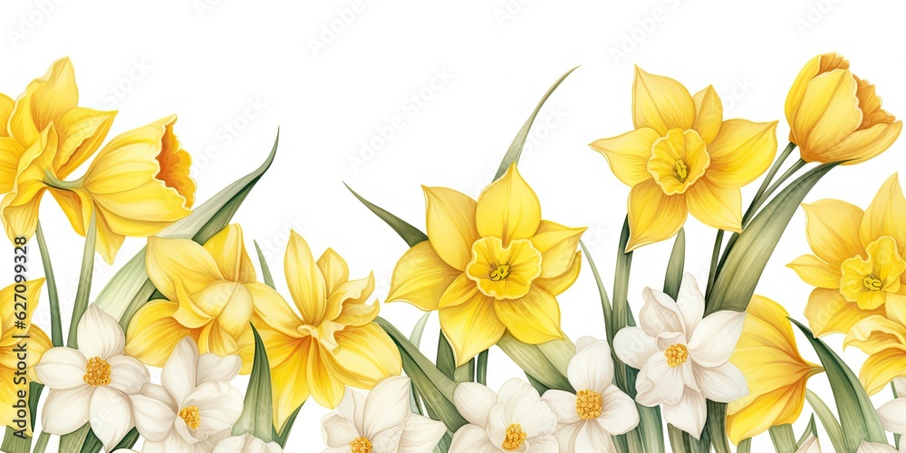 Daffodil Watercolor   Floral Elegance - Watercolor Seamless Pattern, Border, and Frame with Yellow Narcissus Flowers. Generative AI Digital Illustration