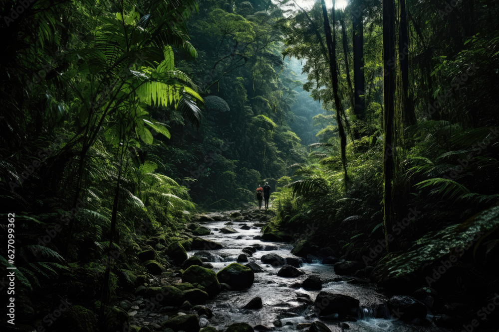 Trekking the Amazonia. Adventurous Hike through the Lush Rainforests of Exotic Amazonia Forest. AI Generative Trekking the Amazonia. Adventurous Hike through the Lush Rainforests of Exotic Amazonia Forest. AI Generative