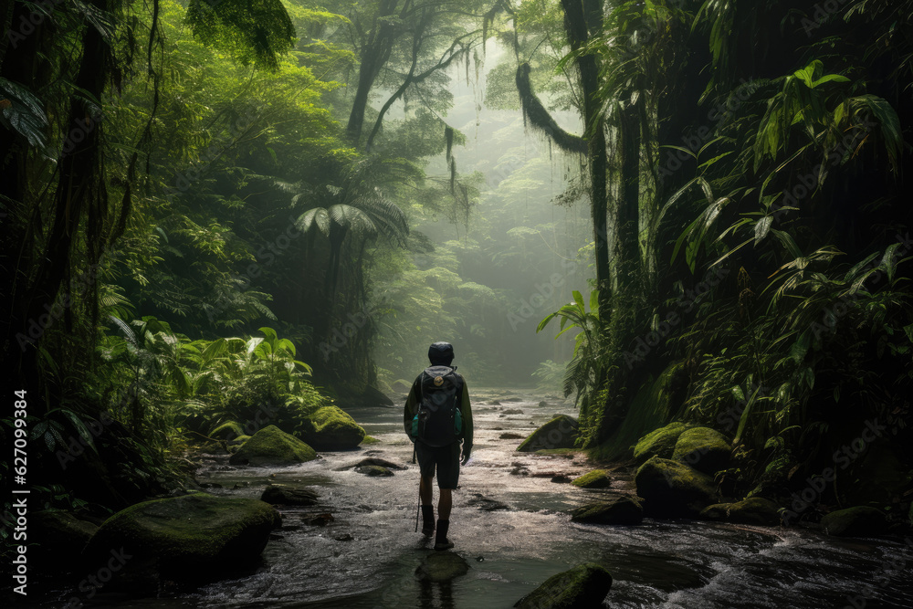 Fototapeta premium Trekking the Amazonia. Adventurous Hike through the Lush Rainforests of Exotic Amazonia Forest. AI Generative