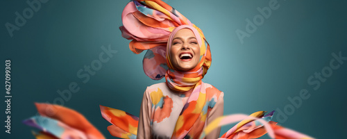 Print op canvas modern colorful stylish outfit photoshoot of a muslim hijab woman in dynamic sho