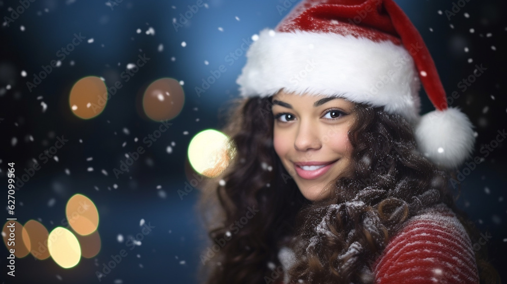 young adult woman wearing a santa claus hat, tanned skin tone, dark hair color, multi-ethnic, attractive, decorated for christmas on christmas day, christmas tree bokeh, outdoor young adult woman wearing a santa claus hat, tanned skin tone, dark hair color, multi-ethnic, attractive, decorated for christmas on christmas day, christmas tree bokeh, outdoor