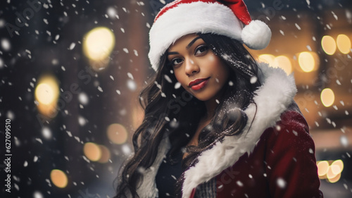 young adult woman, tanned skin tone, dark hair color, multi-ethnic, attractive, decorated for christmas on christmas eve or christmas morning, christmas tree bokeh, side street at neighborhood
