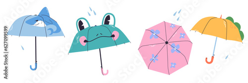 set of cute baby umbrellas.  umbrella with shark, frog, toad, flower, dinosaur. Vector illustration of cartoon umbrellas isolated objects. For girls, boys, children. Cute set funny stylish umbrellas