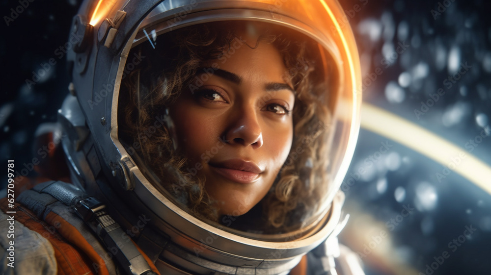 Young adult woman, multi ethnic, 20s 30s, female astronaut wearing astronaut suit with helmet and glass visor, abstract fictional futuristic, space and space travel, positive discovery or happy Young adult woman, multi ethnic, 20s 30s, female astronaut wearing astronaut suit with helmet and glass visor, abstract fictional futuristic, space and space travel, positive discovery or happy