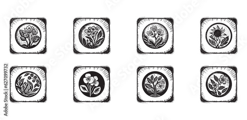 Nordic linocut floral in rustic frame motif for quirky logo set. Hand drawn botanical graphic in retro scandi style design collection.