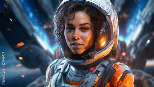 Young adult woman, multi ethnic, 20s 30s, female astronaut wearing astronaut suit with helmet and glass visor, abstract fictional futuristic, space and space travel, dreadful discovery