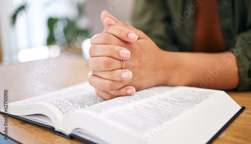 Canvas Print Hands, bible and prayer in home, closeup and mindfulness for faith, religion or reading with hope for life