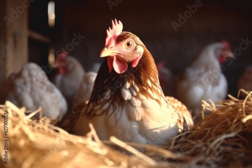 mother hen incubates eggs in a chicken coop at a poultry farm. Generative AI