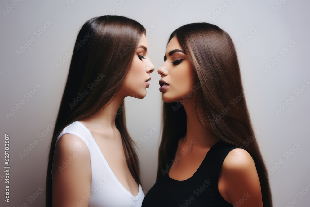 The power of a kiss, sexy beautiful lesbian couple lips closeup kissing seductive woman, erotic, glamour, sensual, lgbt, kiss concept AI Generative The power of a kiss, sexy beautiful lesbian couple lips closeup kissing seductive woman, erotic, glamour, sensual, lgbt, kiss concept AI Generative