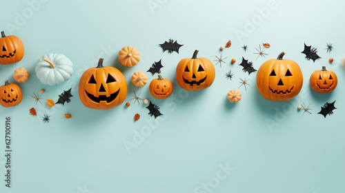 Light Blue Halloween Background with Jack-O-Lanterns, Pumpkins, Bats, Cobwebs. Top View, Flatlay with Copy Space