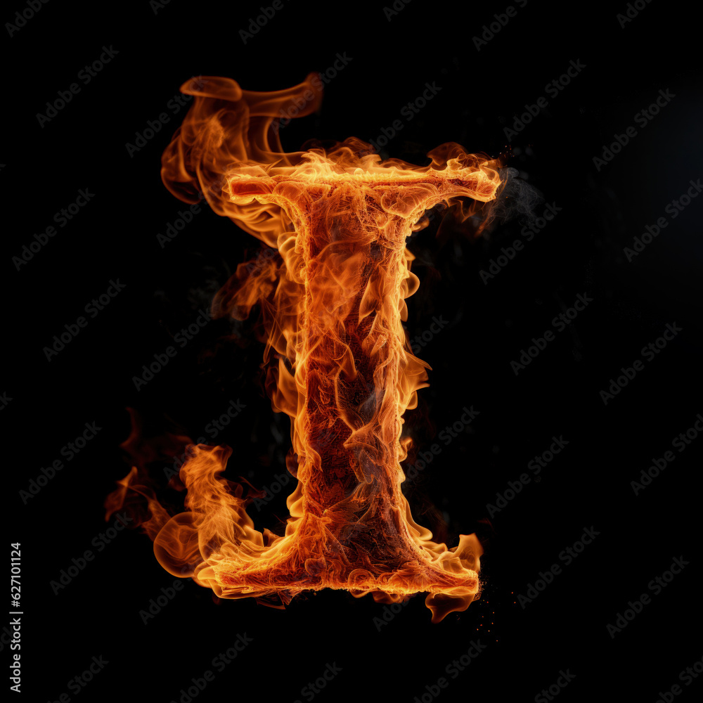 Capital letter I consisting of a flame. Burning letter I. Letter of fire flames alphabet on black background.