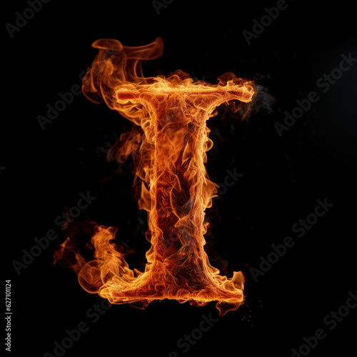 Capital letter I consisting of a flame. Burning letter I. Letter of fire flames alphabet on black background.