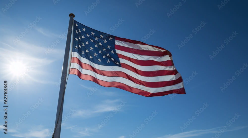 US American flag weaving on pole blue sky background US American flag weaving on pole blue sky background