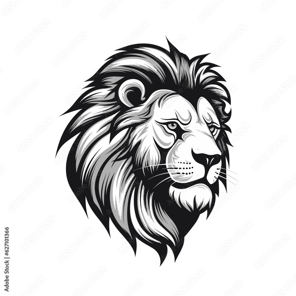 lion head black and white flat vector ink illustration