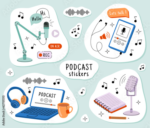 Set of stickers with podcast vector concept