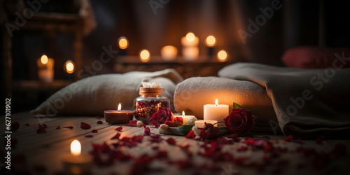 aromatherapy ,spa massage salon,romantic spa cozy atmosfear candle blurred light pink flowers relaxing ,salon background photo