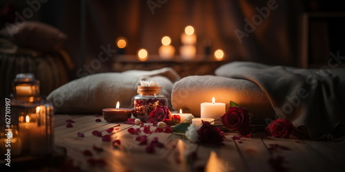 aromatherapy ,spa massage salon,romantic spa cozy atmosfear candle blurred light pink flowers relaxing ,salon background photo