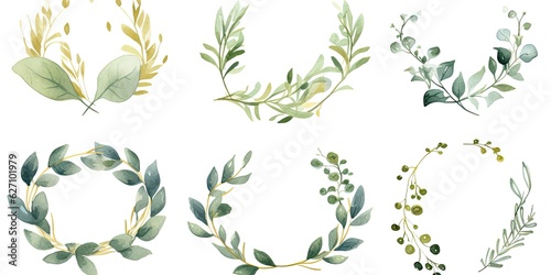 Watercolor Branches  Luxury Botanical Gold Wedding Frame - Elegant Design with Circle Shapes, Glitters, Eucalyptus Leaves, Leaf Branches  Generative AI Digital Illustration