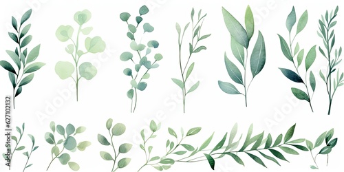 Watercolor Branches Watercolor Floral Illustration Set - Collection of Green Leaf Branches - Ideal for Wedding Stationery, Greetings, Generative AI Digital Illustration