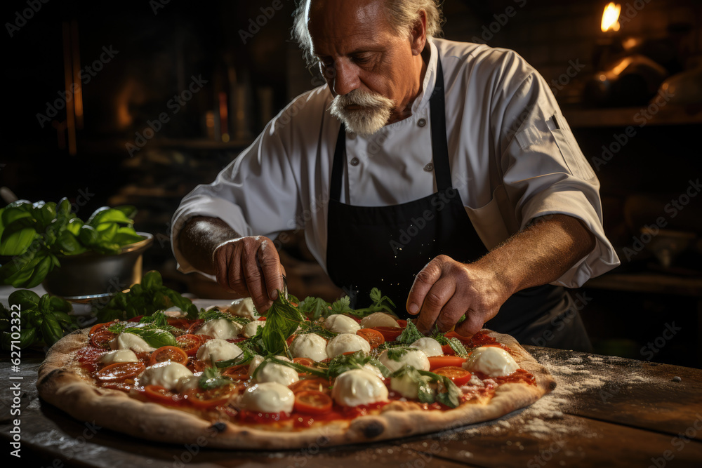 Taste of Italy. A pizzaiolo Chef from Naples Showcasing a Delicious Piping Hot Pizza. Copy Space. Neapolitan Margherita Gastronomy AI Generative	
