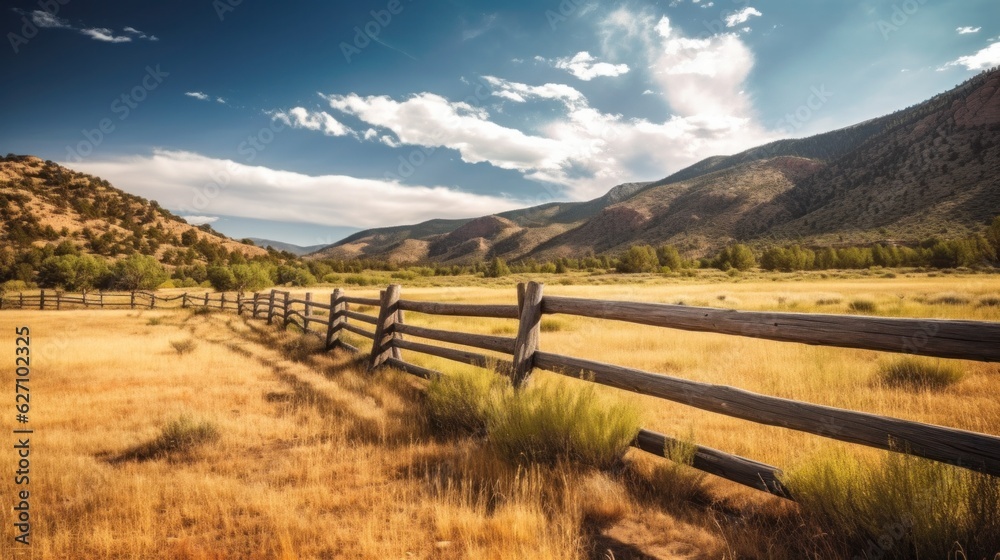 wild west landscape.Wooden fence at the ranch. Generative AI 