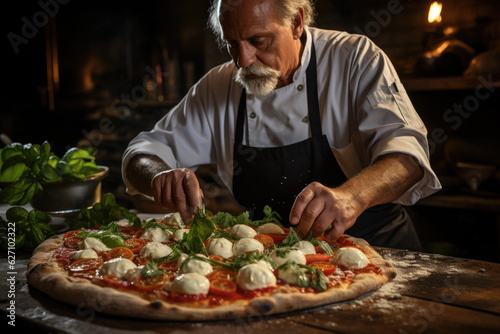 Taste of Italy. A pizzaiolo Chef from Naples Showcasing a Delicious Piping Hot Pizza. Copy Space. Neapolitan Margherita Gastronomy AI Generative 
