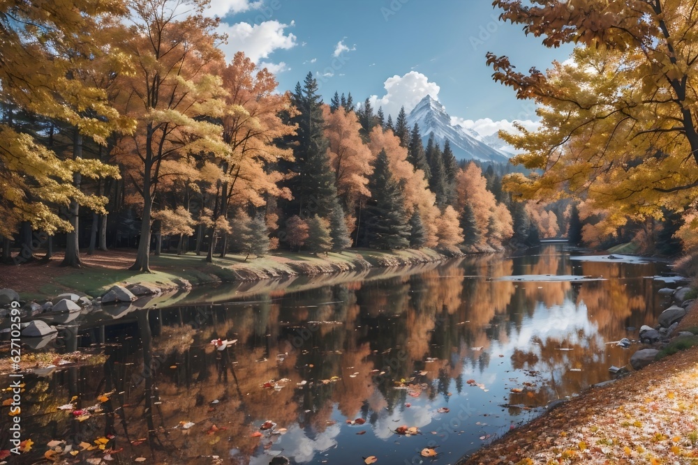 Beautiful autumn landscape scenery with forest reflected in river and mountains in the background 