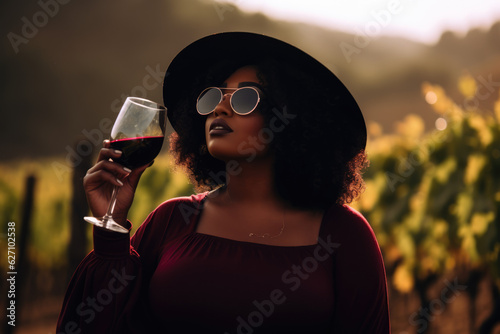 Enchanting Tuscan Sunset. A Black Woman Savors Chianti Wine Amidst the Rolling Hills. AI Generative Art