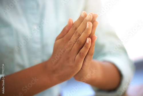 Praying, hands together and woman in faith, religion and hope for career opportunity or job search. Prayer hand, sign or emoji of christian person with worship, charity and gratitude for ngo business
