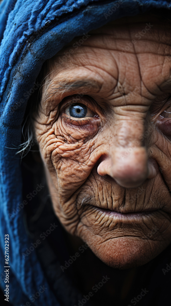 Timeless Beauty. Macro Close-Up of the Face of a Very Old Woman with Focused Blue Eyes. AI Generative Timeless Beauty. Macro Close-Up of the Face of a Very Old Woman with Focused Blue Eyes. AI Generative
