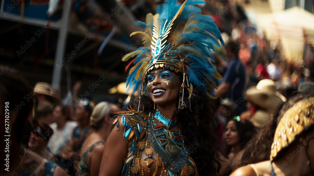 Beautiful African origin woman wearing costume, Caribbean carnival street party style.