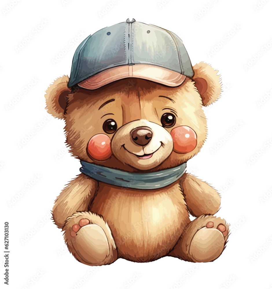 Fototapeta premium Cute, funny teddy bear in a cap and with a chain on a black background. Vector illustration. isolated on background