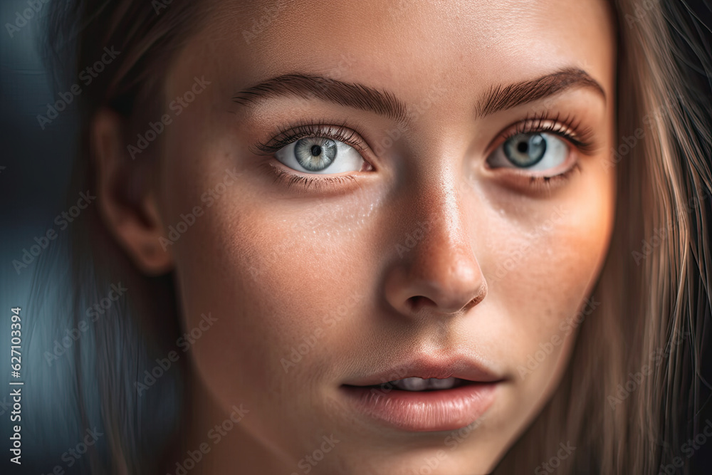 Generative AI illustration of portrait of unemotional young blond woman with blue eyes looking at camera against blurred background Generative AI illustration of portrait of unemotional young blond woman with blue eyes looking at camera against blurred background