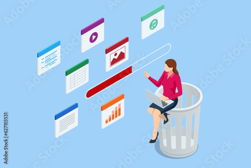 Isometric inbox organisation and clean-up, spam email envelopes with trash can. Browsing an email inbox full of spam messages.