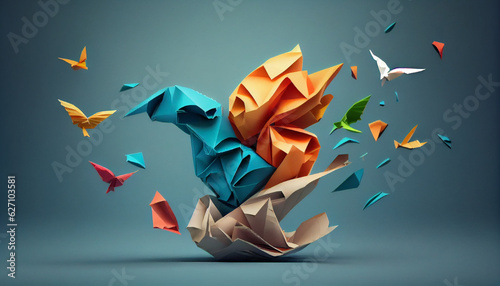 Concept of fresh thoughts and ideas as a mark of inspiration and creativity metaphor as a collection of crumpled papers, with one unique paper changing into a fluttering origami bird