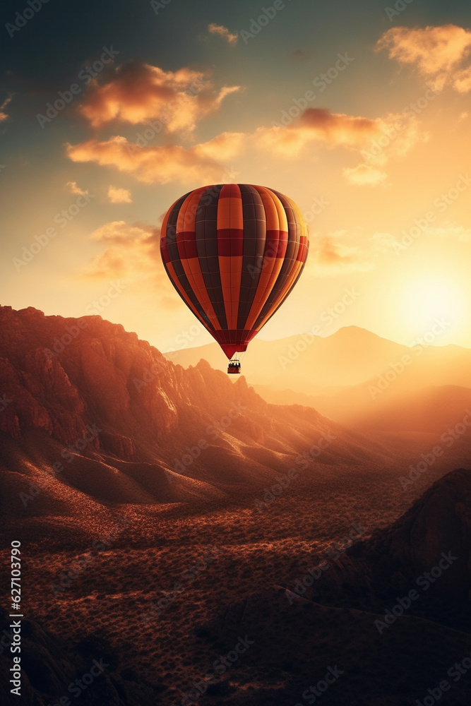 Hot air balloon flying. Generative AI Illustration