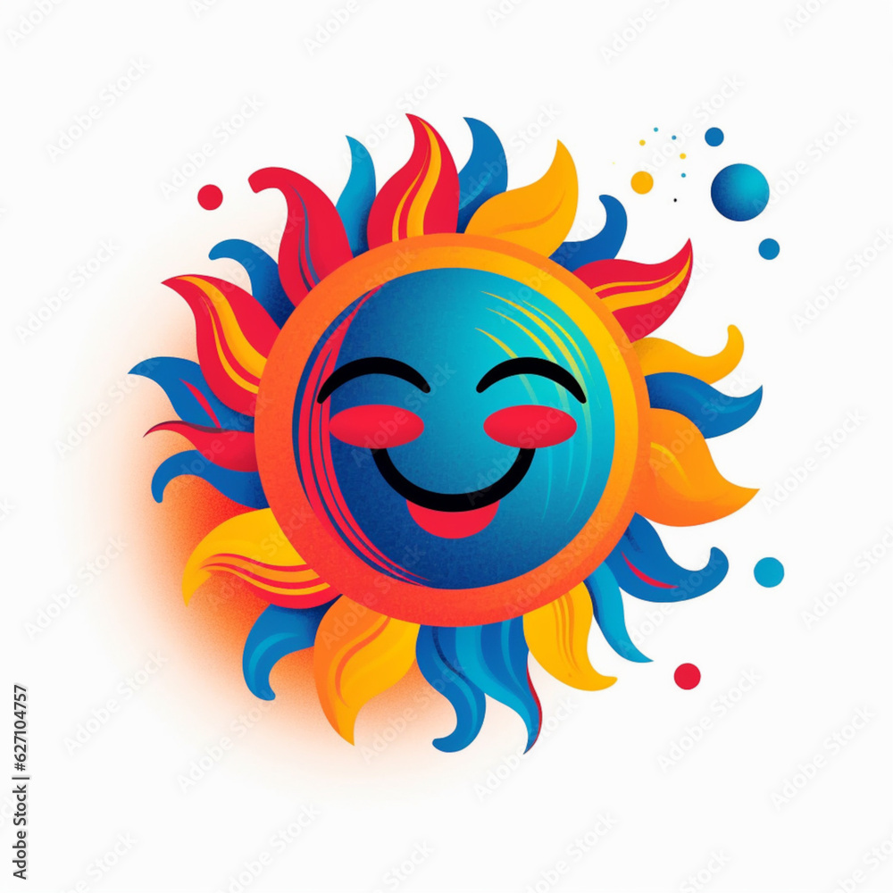 Strahlende Lebensfreude: Ein fröhliches Logo mit Sonne und Gesicht auf weißem Hintergrund in Rot, Gelb, Orange und Blau Strahlende Lebensfreude: Ein fröhliches Logo mit Sonne und Gesicht auf weißem Hintergrund in Rot, Gelb, Orange und Blau