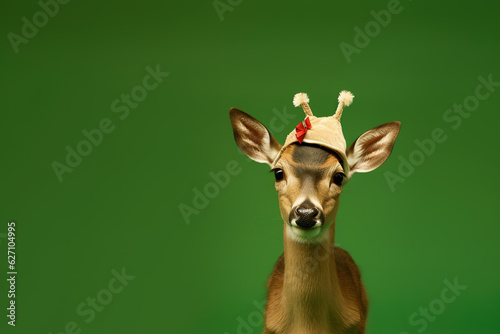 Baby deer with Santas hat. Minimal Christmass concept. AI generative, illustration