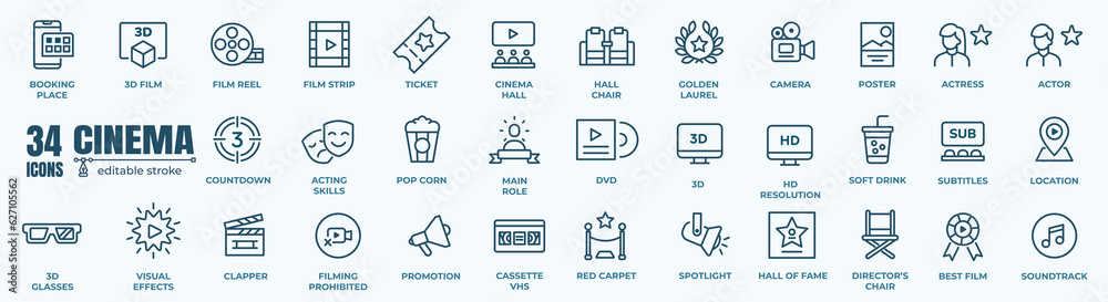 Simple Set of Cinema and Movie Related Vector Line Icons. Editable Stroke. 48x48 Pixel Perfect Simple Set of Cinema and Movie Related Vector Line Icons. Editable Stroke. 48x48 Pixel Perfect