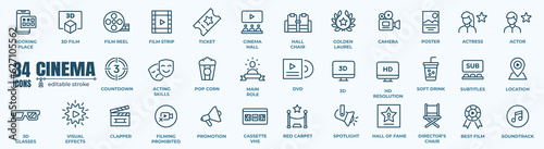 Simple Set of Cinema and Movie Related Vector Line Icons.  Editable Stroke. 48x48 Pixel Perfect