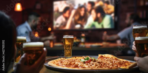 Savoring the Game. Pizza Lovers Enjoying a Bite in a Restaurant with Soccer on TV. AI Generative Scene