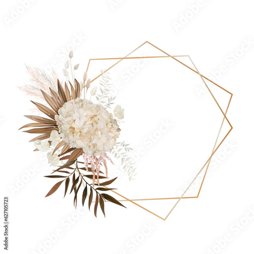 Boho wedding invite. Golden, floral geometrical frame. Dried palm leaves, pampas grass, beige hydrangea, lagurus, tropical bouquet wreath. Elegant, editable, modern brown, sand, neutral color template